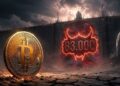 Moneda gigante de Bitcoin en un paisaje árido frente a un arco gótico en llamas con la cifra 83.000 iluminada en rojo.