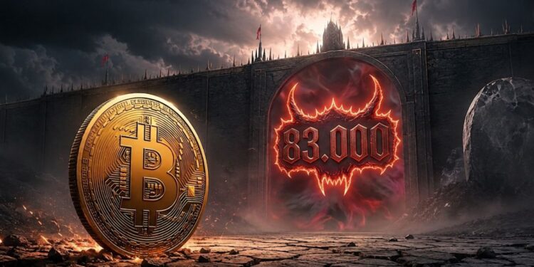 Moneda gigante de Bitcoin en un paisaje árido frente a un arco gótico en llamas con la cifra 83.000 iluminada en rojo.