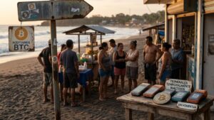 imagen de una playa en el salvador con letreros de bitcoin