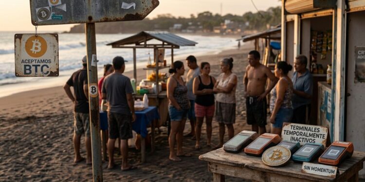 imagen de una playa en el salvador con letreros de bitcoin