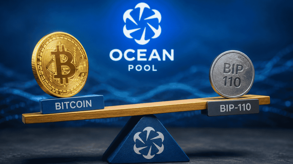 Una balanza con una moneda de bitcoin y otra que dice BIP-110. En el fondo: logo de Ocean Pool. Bitcoin es más pesado que bip-110 en esa balanza.