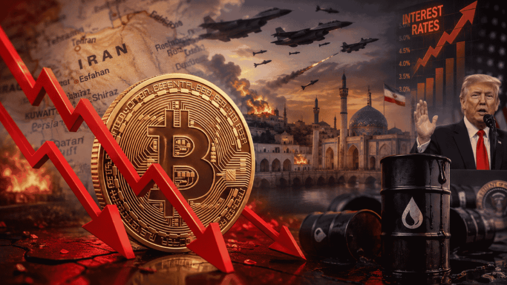 Moneda de bitcoin con flechas rojas descendentes. Imágenes de: Donald Trump hablando, barril de petróleo, ataque aéreo, mapa de Oriente Medio.
