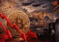 Moneda de bitcoin con flechas rojas descendentes. Imágenes de: Donald Trump hablando, barril de petróleo, ataque aéreo, mapa de Oriente Medio.