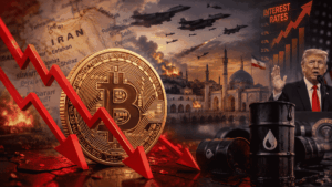 Moneda de bitcoin con flechas rojas descendentes. Imágenes de: Donald Trump hablando, barril de petróleo, ataque aéreo, mapa de Oriente Medio.