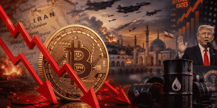 Moneda de bitcoin con flechas rojas descendentes. Imágenes de: Donald Trump hablando, barril de petróleo, ataque aéreo, mapa de Oriente Medio.