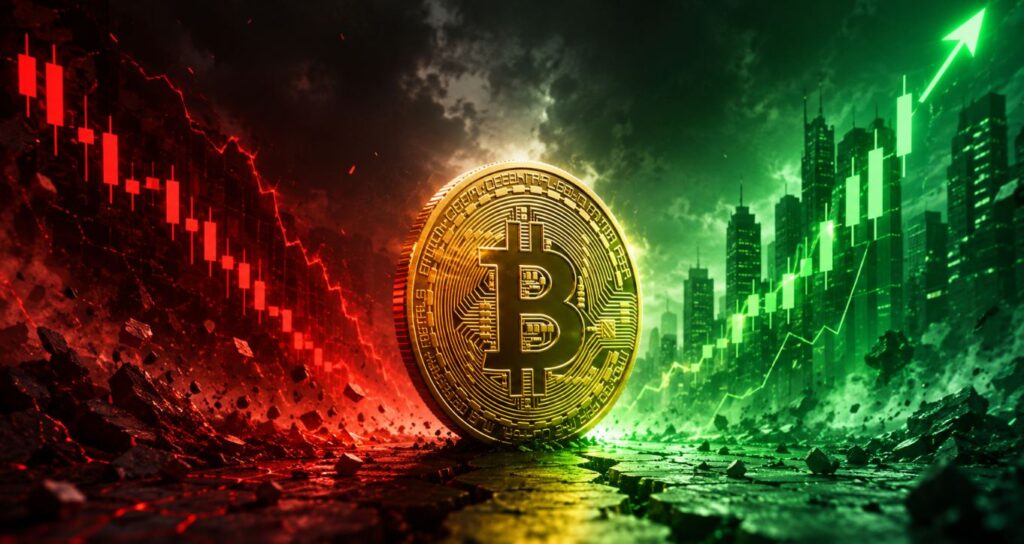 Una moneda física de bitcoin rodeada de gráficos de velas rojas y verdes.