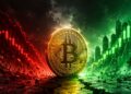 Una moneda física de bitcoin rodeada de gráficos de velas rojas y verdes.
