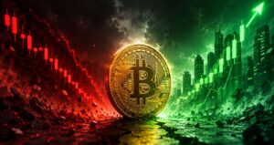 Una moneda física de bitcoin rodeada de gráficos de velas rojas y verdes.