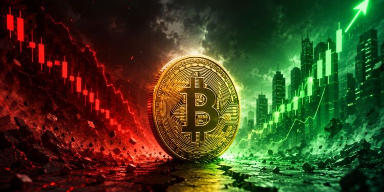 Una moneda física de bitcoin rodeada de gráficos de velas rojas y verdes.
