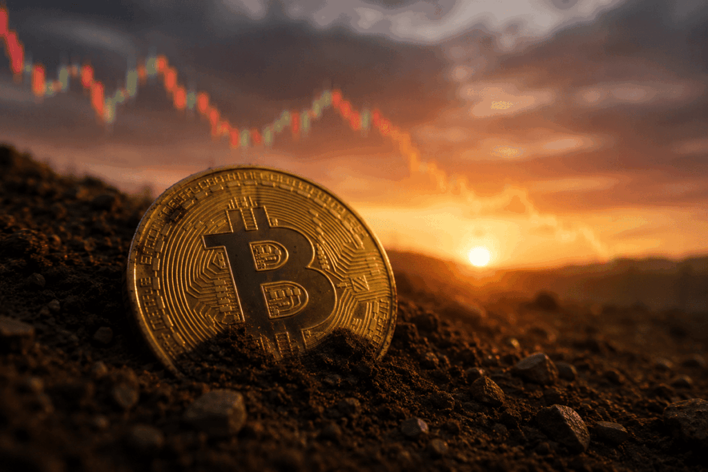 Una moneda de bitcoin enterrada en la tierra delante del sol y unos indicadores de precios