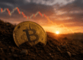 Una moneda de bitcoin enterrada en la tierra delante del sol y unos indicadores de precios