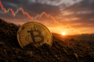 Una moneda de bitcoin enterrada en la tierra delante del sol y unos indicadores de precios