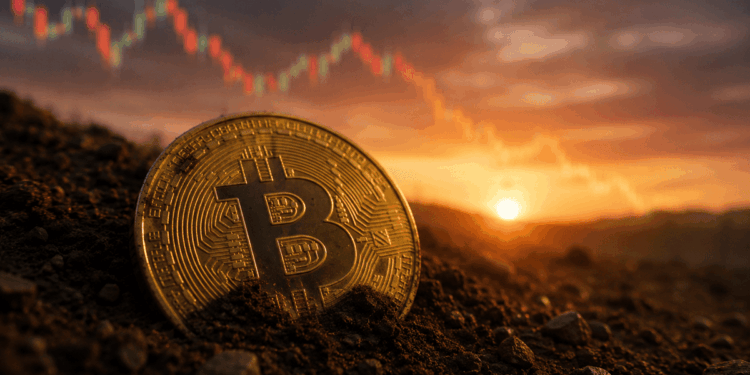 Una moneda de bitcoin enterrada en la tierra delante del sol y unos indicadores de precios