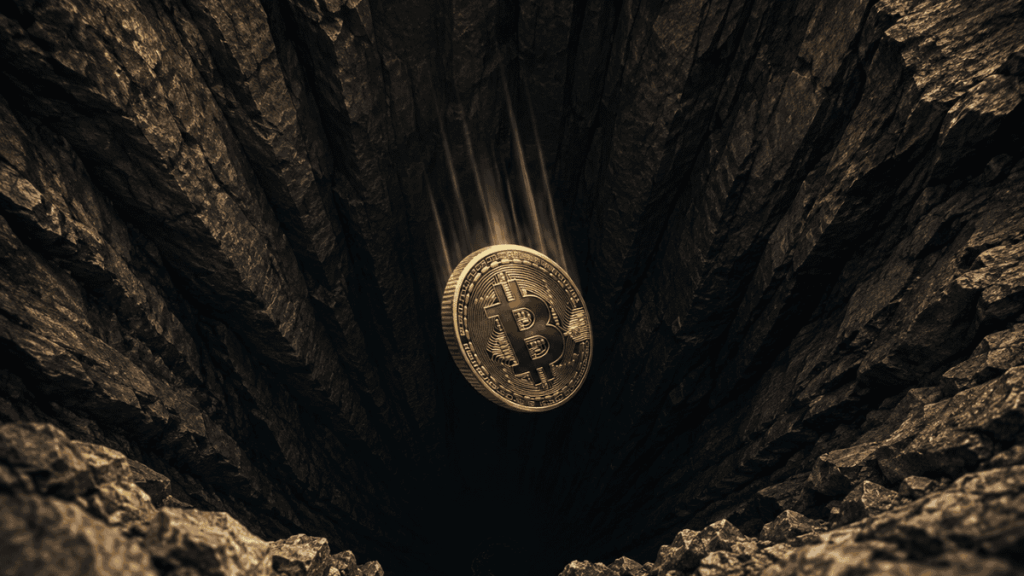Moneda física de bitcoin cayendo por un pozo profundo.