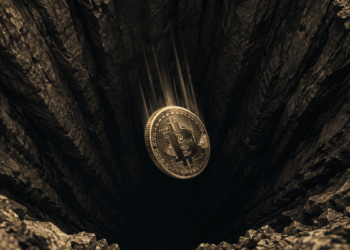 Moneda física de bitcoin cayendo por un pozo profundo.