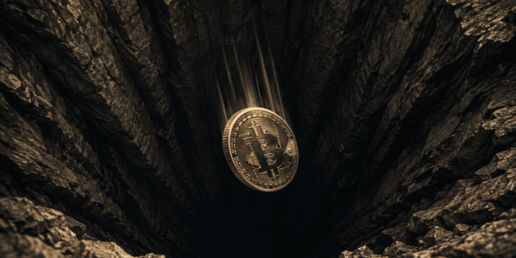 Moneda física de bitcoin cayendo por un pozo profundo.