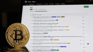 Moneda de bitcoin y repositorio de Bitcoin Core.