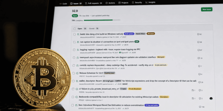 Moneda de bitcoin y repositorio de Bitcoin Core.