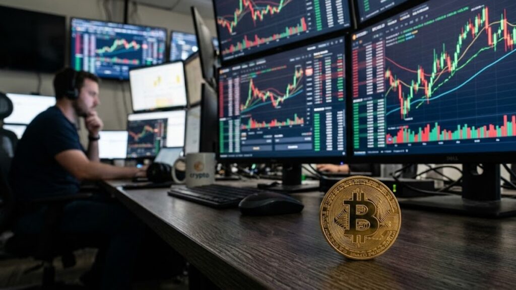 Bitcoin con gráficas rojas y verdes en el fondo.