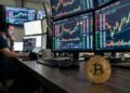 Bitcoin con gráficas rojas y verdes en el fondo.