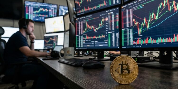 Bitcoin con gráficas rojas y verdes en el fondo.