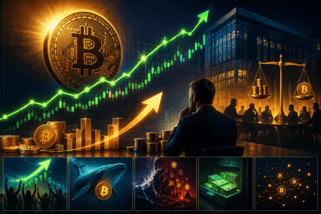 Bitcoin aparece en fuerte subida, acompañado de gráficos alcistas, reservas de efectivo y elementos corporativos