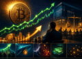 Bitcoin aparece en fuerte subida, acompañado de gráficos alcistas, reservas de efectivo y elementos corporativos