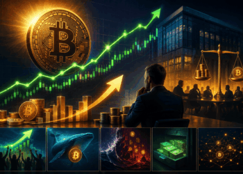 Bitcoin aparece en fuerte subida, acompañado de gráficos alcistas, reservas de efectivo y elementos corporativos