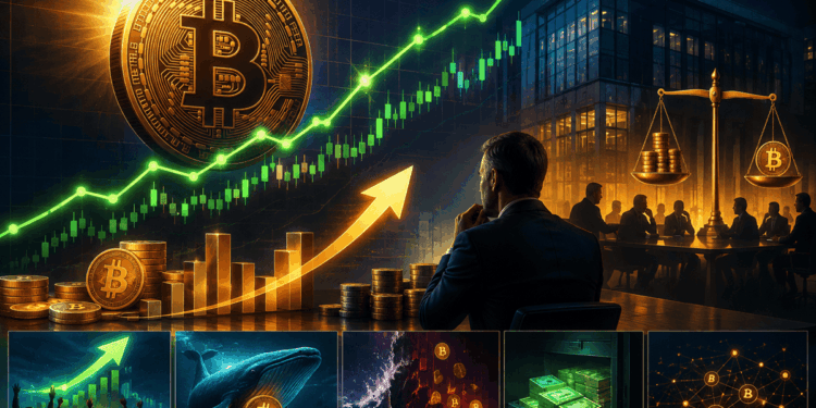 Bitcoin aparece en fuerte subida, acompañado de gráficos alcistas, reservas de efectivo y elementos corporativos