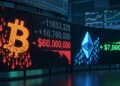 Gráfico financiero que muestra Bitcoin a la baja y Ethereum al alza.