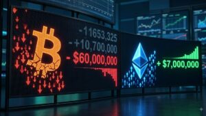Gráfico financiero que muestra Bitcoin a la baja y Ethereum al alza.