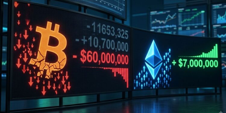 Gráfico financiero que muestra Bitcoin a la baja y Ethereum al alza.