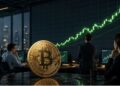 Personas sentadas en un escritorio miran una moneda física de bitcoin.