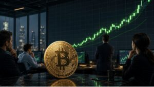 Personas sentadas en un escritorio miran una moneda física de bitcoin.