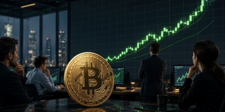 Personas sentadas en un escritorio miran una moneda física de bitcoin.