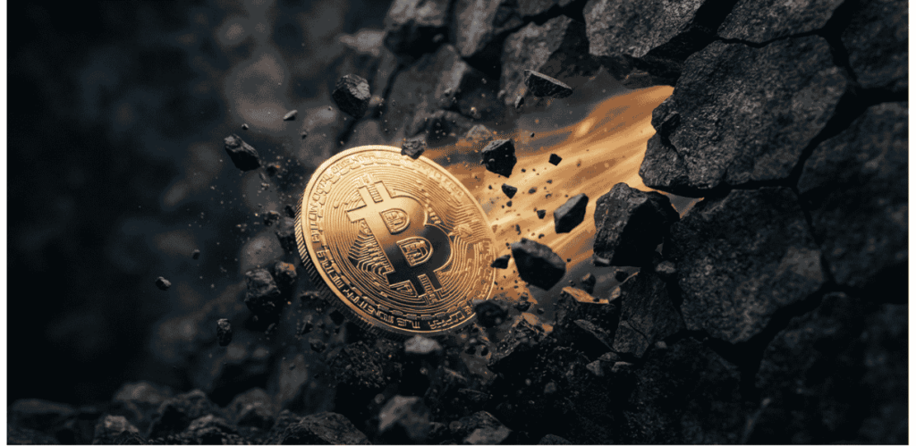 Moneda de BTC saliendo de la oscuridad.