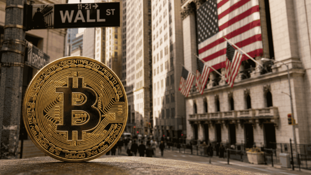 Primer plano: moneda de bitcoin. Fondo: paisaje de Wall Street.