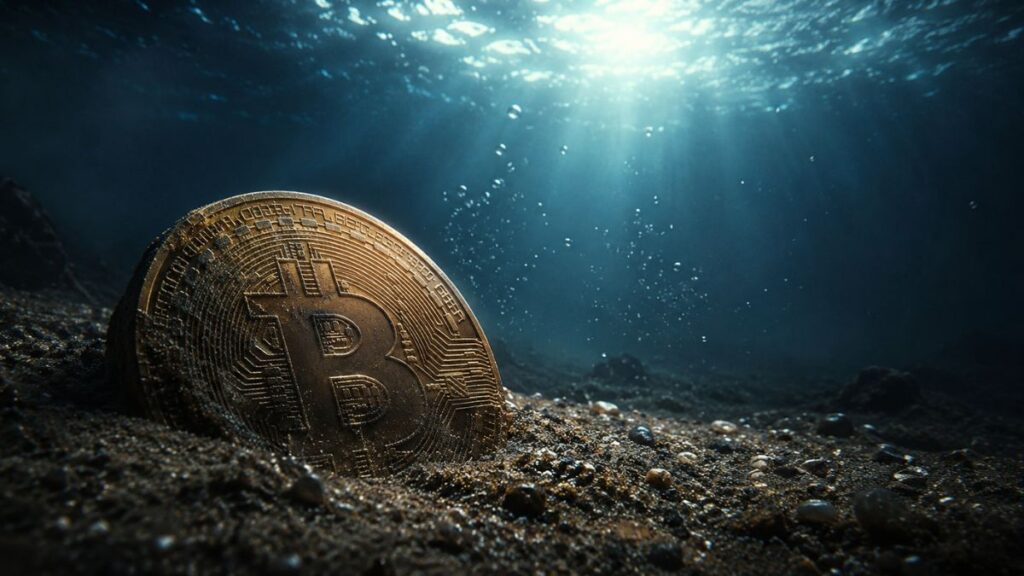 Moneda de Bitcoin hundiéndose en el fondo del mar oscuro con luz solar desde arriba.