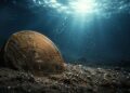 Moneda de Bitcoin hundiéndose en el fondo del mar oscuro con luz solar desde arriba.