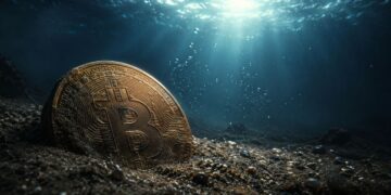 Moneda de Bitcoin hundiéndose en el fondo del mar oscuro con luz solar desde arriba.