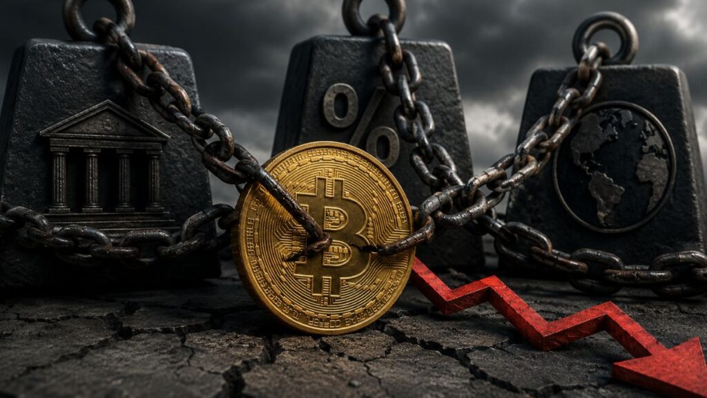 Bitcoin encadenado con flecha roja hacia abajo.