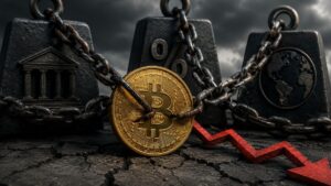 Bitcoin encadenado con flecha roja hacia abajo.