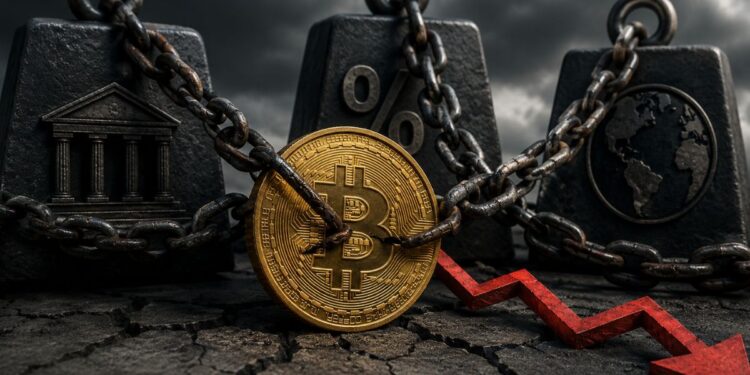 Bitcoin encadenado con flecha roja hacia abajo.