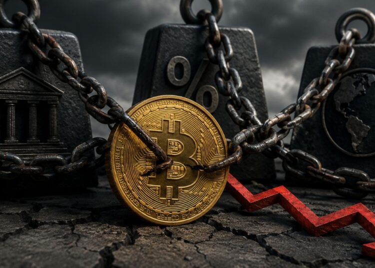 Bitcoin encadenado con flecha roja hacia abajo.