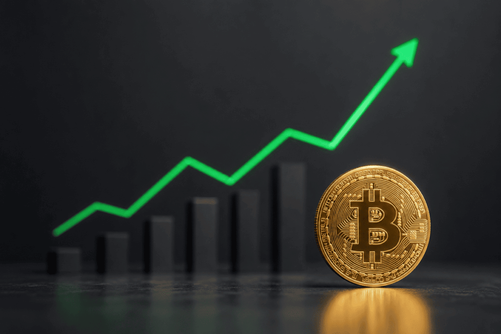Moneda de Bitcoin dorada frente a barras ascendentes y una línea verde que representa el crecimiento de su valor.