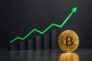 Moneda de Bitcoin dorada frente a barras ascendentes y una línea verde que representa el crecimiento de su valor.