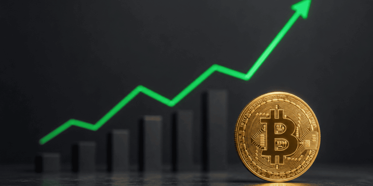 Moneda de Bitcoin dorada frente a barras ascendentes y una línea verde que representa el crecimiento de su valor.