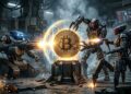 Bitcoin intentando ser destruido sin éxito por robots de IA.