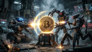 Bitcoin intentando ser destruido sin éxito por robots de IA.