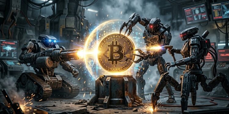 Bitcoin intentando ser destruido sin éxito por robots de IA.